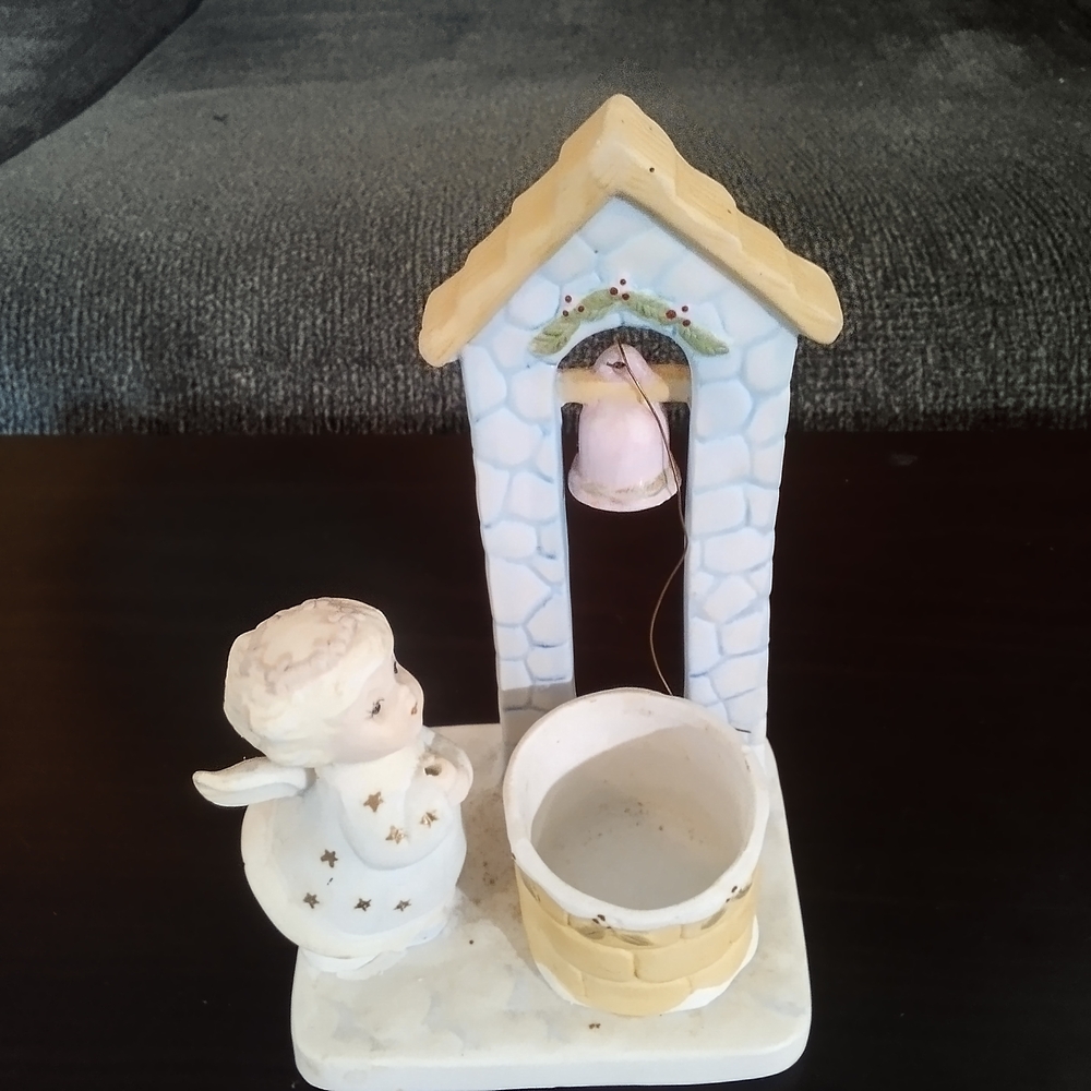 Angel Figurine with Wishing Well - Cream and Yellow